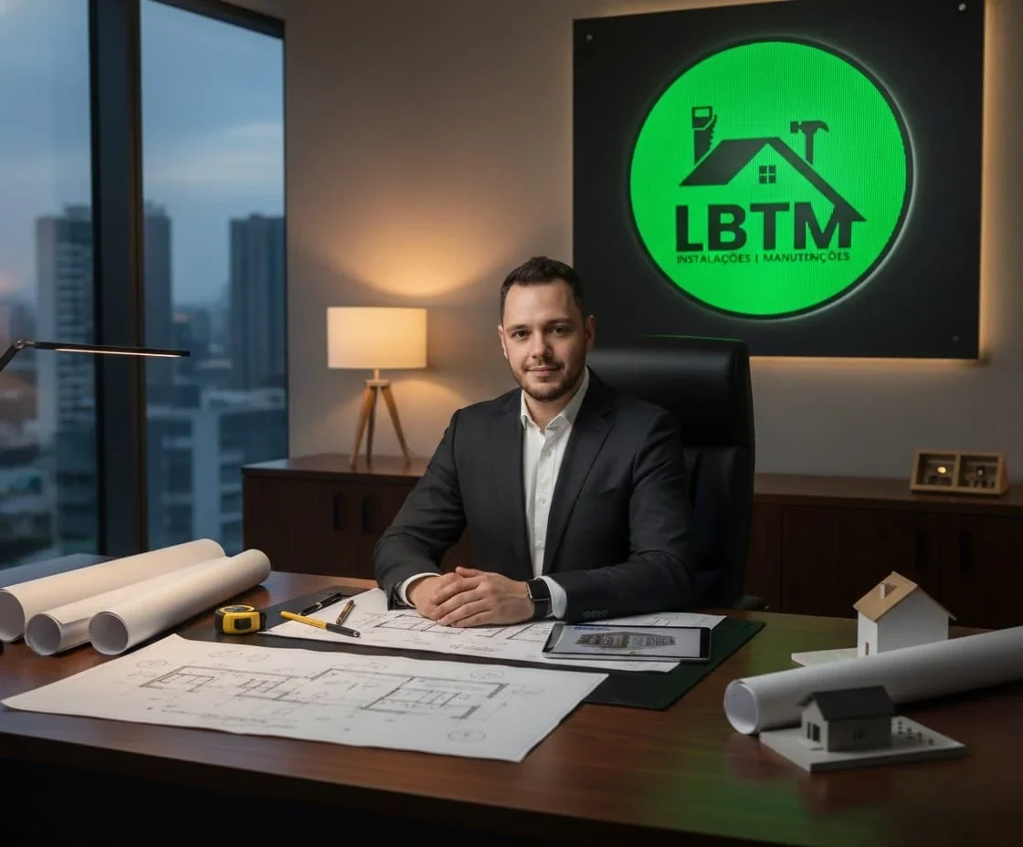 Leandro Barbieri, fundador e responsável técnico da LBTM, em seu escritório com projetos e maquetes sobre a mesa